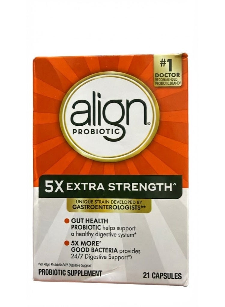 Align بروبيوتيك قوة إضافية، بروبيوتيك للنساء والرجال، العلامة التجارية الموصى بها من قبل الأطباء رقم 1، 5X المزيد من البكتيريا الجيدة لدعم نظام هضمي صحي، 21 كبسولة - Image 1